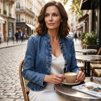 Veste en jean pour femmes avec bordure à volants et devant ouvert