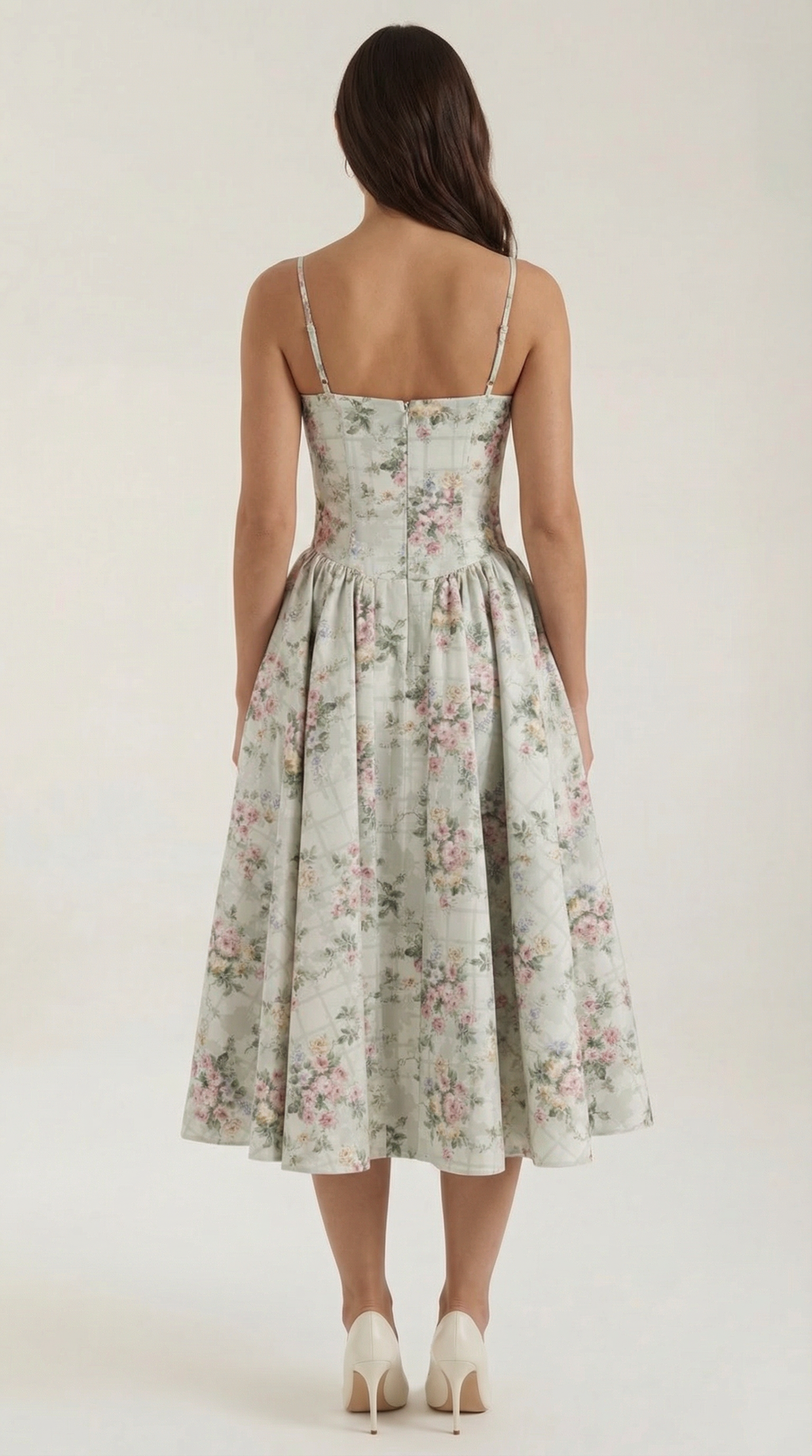 Robe mi-longue corset florale pour femme avec décolleté en cœur