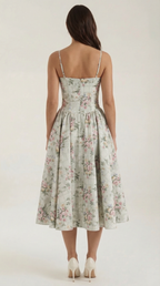 Robe mi-longue corset florale pour femme avec décolleté en cœur