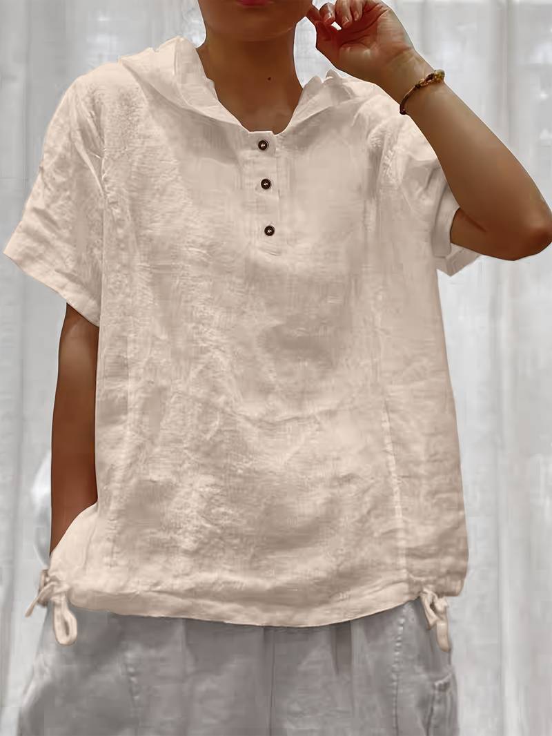 Sweat à capuche à manches courtes texturé ample avec patte de boutonnage