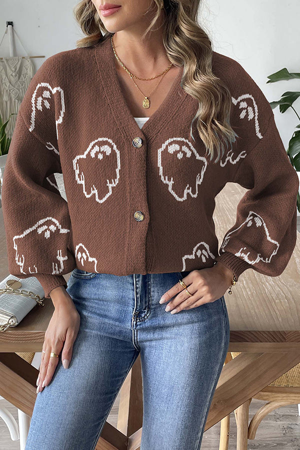 Pull en tricot confortable d'Halloween avec fantôme et boutons devant