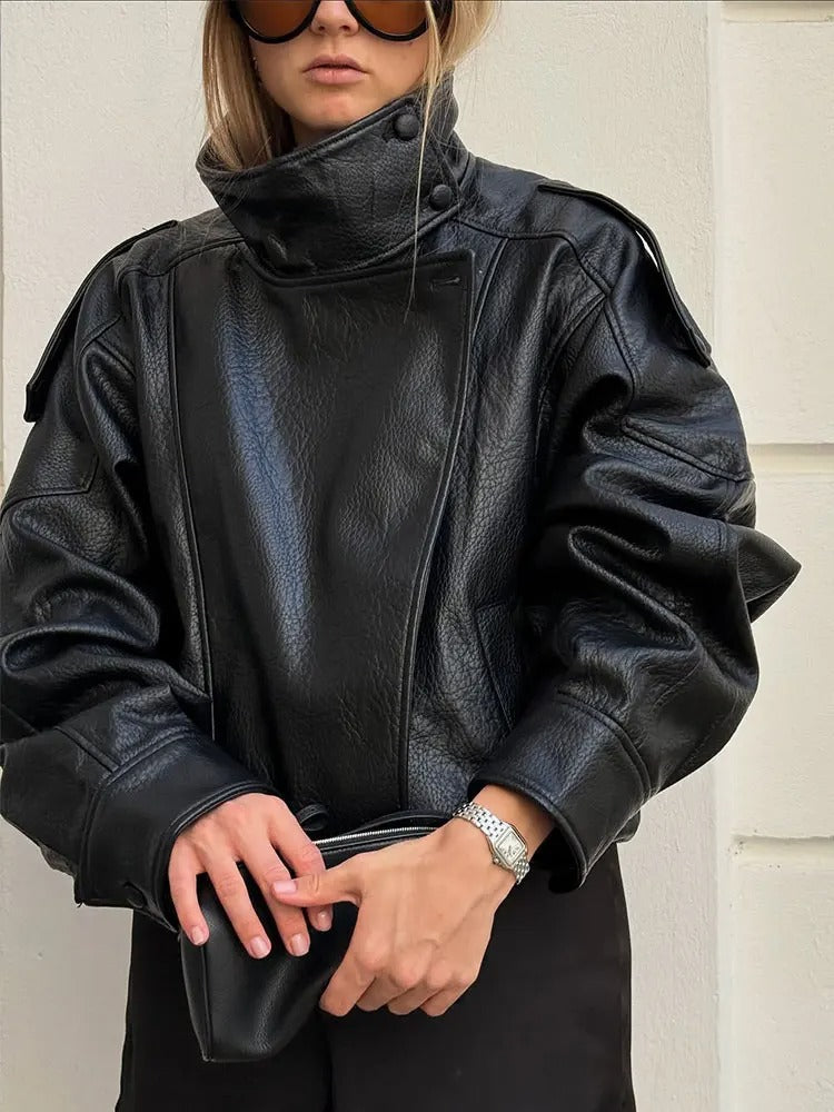 Veste en cuir asymétrique à col montant pour femmes