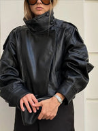 Veste en cuir asymétrique à col montant pour femmes