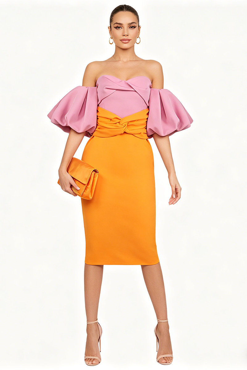 Robe mi-longue à manches ballon bicolore