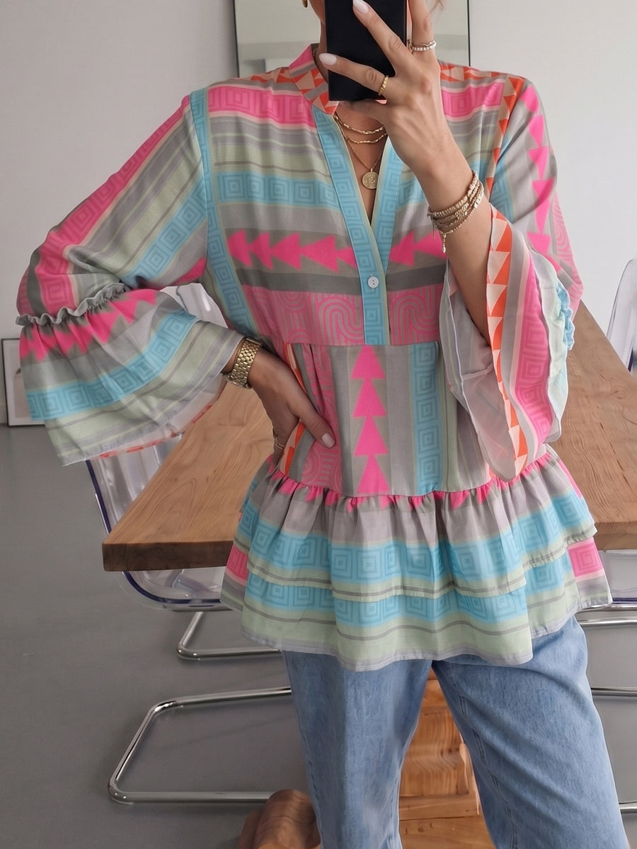 Blouse Femme Imprimée À Volants Col V