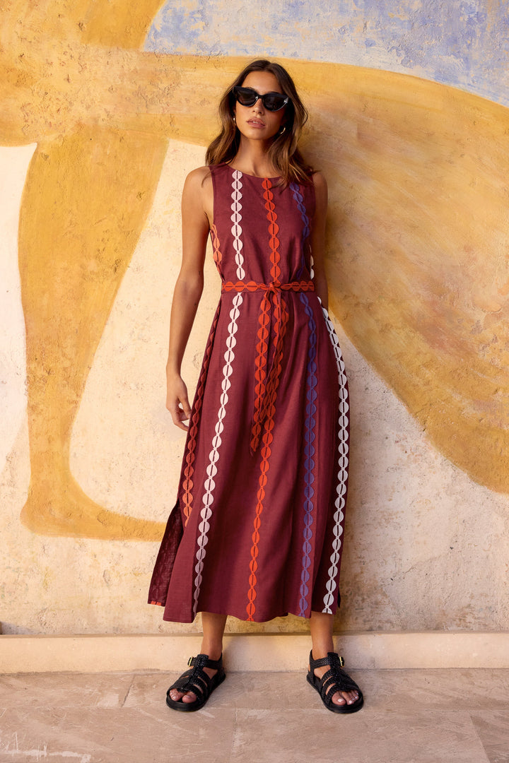 Robe mi-longue marron tabac pour femme