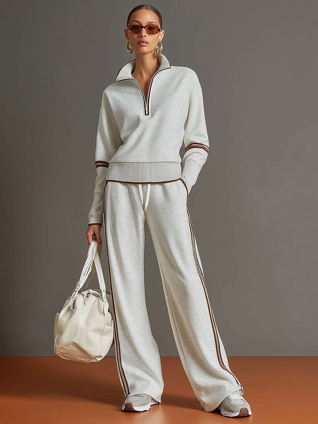 Ensemble sweat à demi-fermeture éclair et pantalon à jambes larges