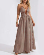 Robe maxi rayée femme sans manches avec col V vue de face