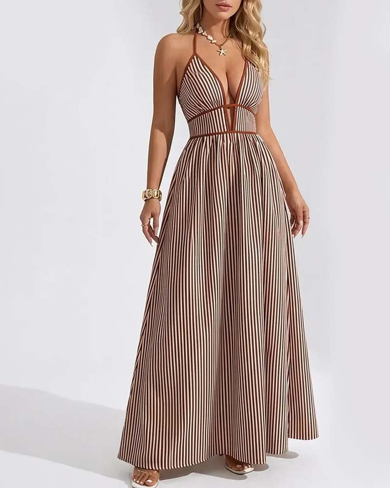 Robe Maxi Rayée Col V Sans Manches Femme