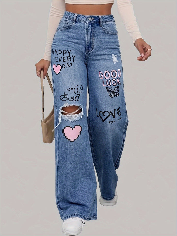 Jean en denim à taille haute et jambes larges avec imprimé graphique
