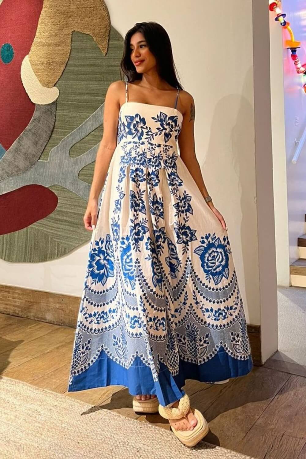 Robe midi bleu en polyester à bretelles spaghetti