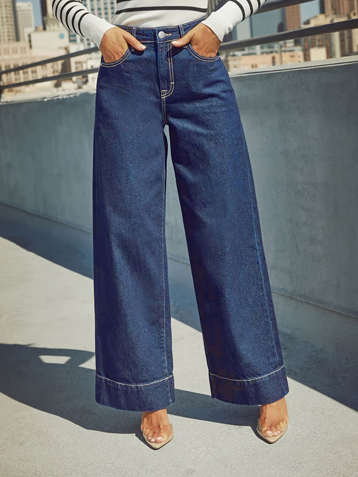 Jean en denim extensible taille haute à jambes larges avec ourlet retourné