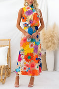 Robe maxi fleurie sans manches à col noué