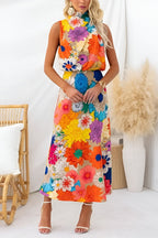 Robe maxi fleurie sans manches à col noué