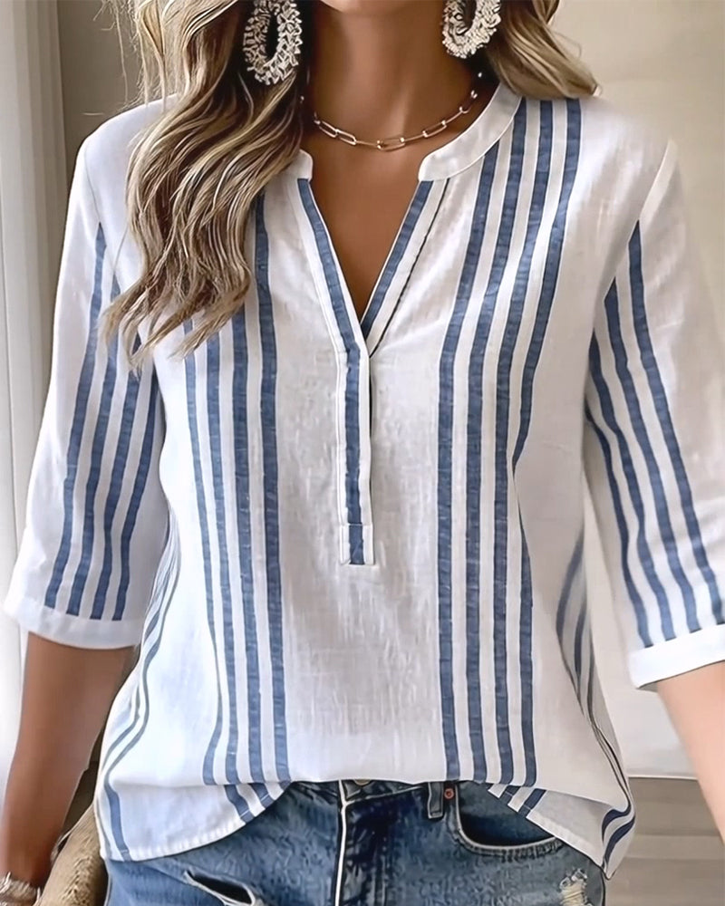 Blouse à col montant à rayures verticales en mélange de coton bleu