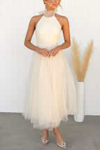 Robe longue en tulle à col licou avec détails froncés