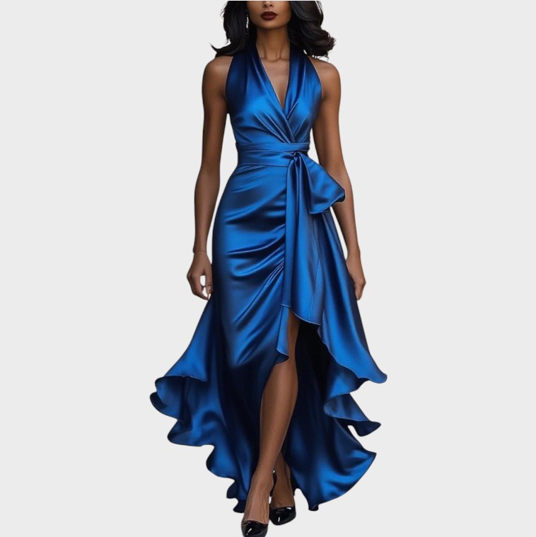 Robe dos nu en satin midnight avec détail volanté