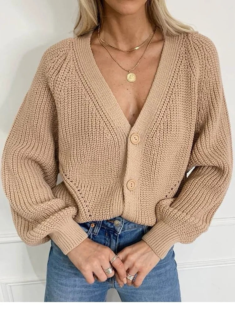 Cardigan tricoté à manches bouffantes pour femmes