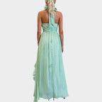 Robe longue élégante à col licou avec volants pour femme