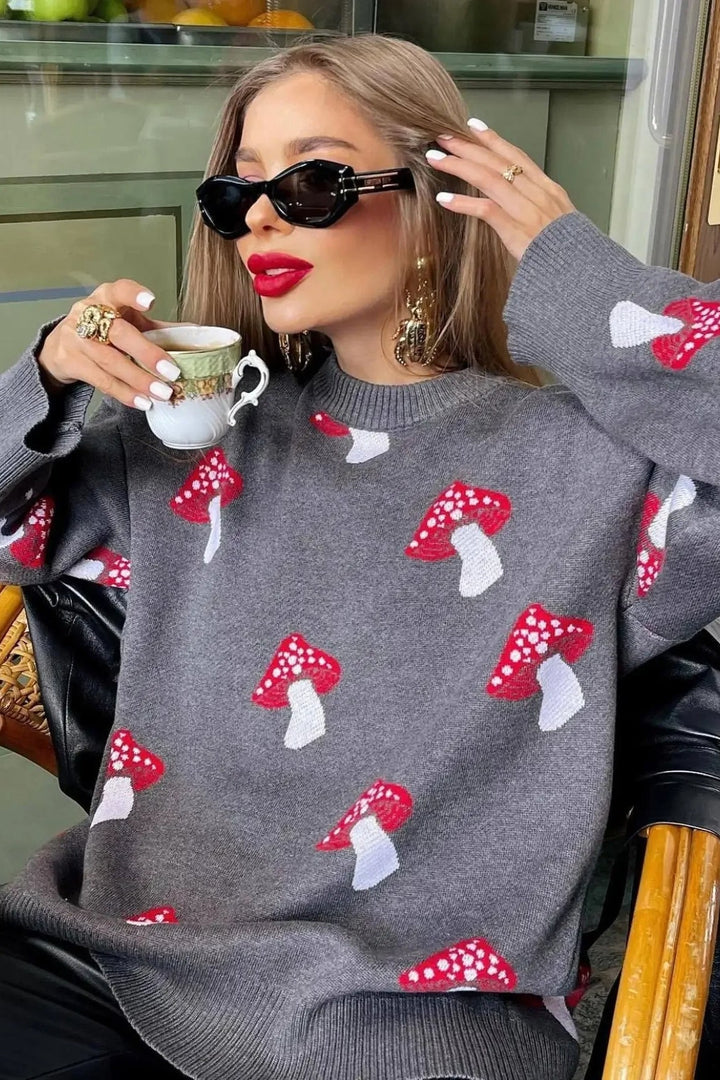 Pull en maille jacquard champignon confortable