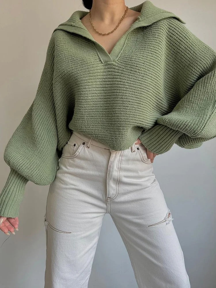 Pull en tricot col ouvert à manches lanterne confortable