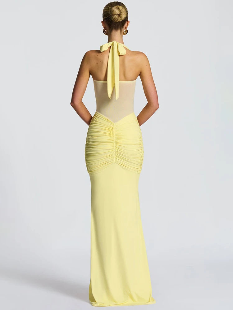 Robe longue moulante drapée à col halter robe de soirée sculptante