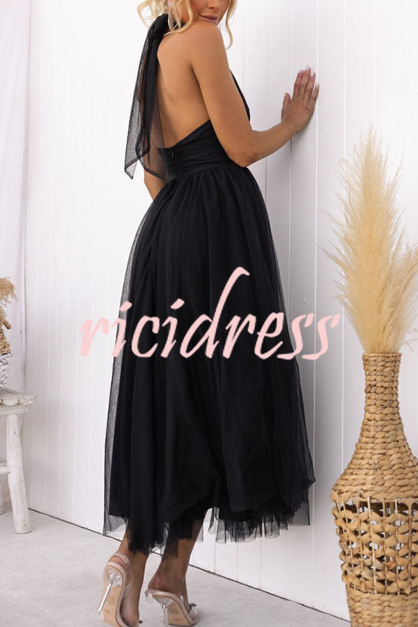 Robe longue en tulle à col licou avec détails froncés