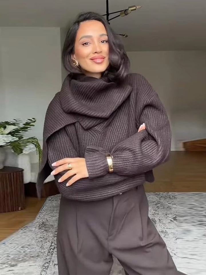 Pull côtelé marron chocolat avec écharpe intégrée