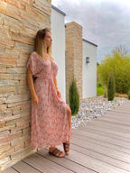 Robe midi bohème fendue rose poudré