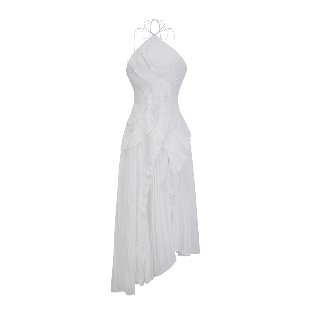 Robe mi-longue plissée blanche en forme de rose thé pour femmes