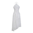 Robe mi-longue plissée blanche en forme de rose thé pour femmes