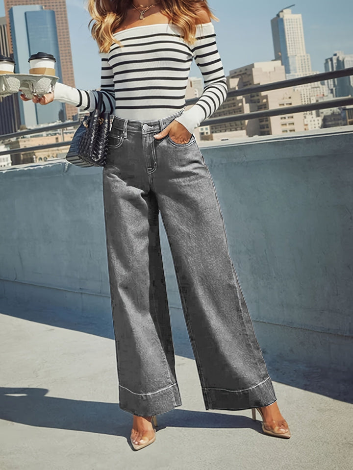 Jean en denim extensible taille haute à jambes larges avec ourlet retourné