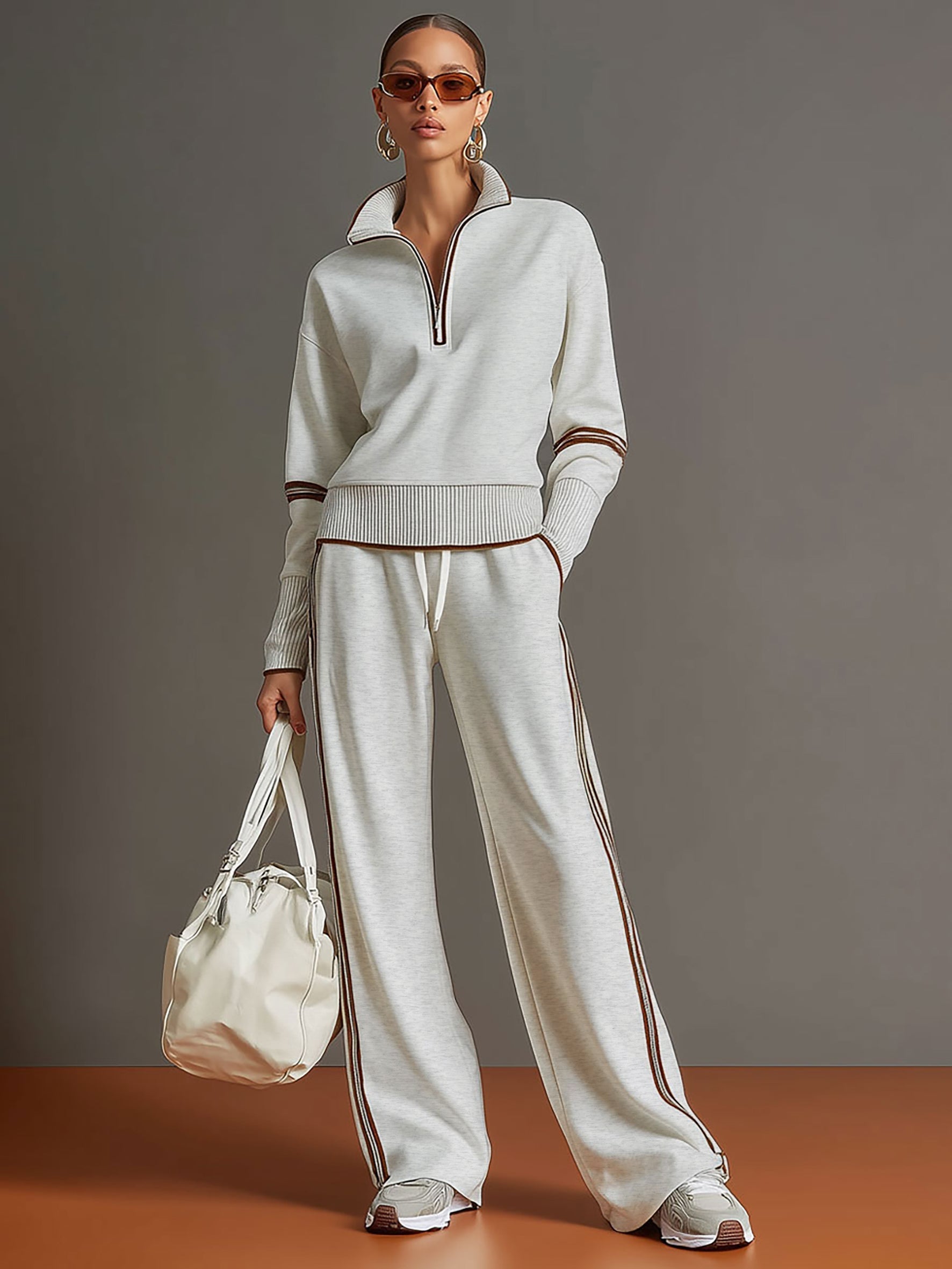 Ensemble sweat à demi-fermeture éclair et pantalon à jambes larges