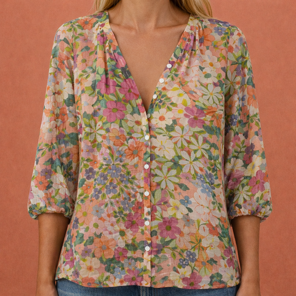 Blouse boutonnée imprimée à col en V pour femmes