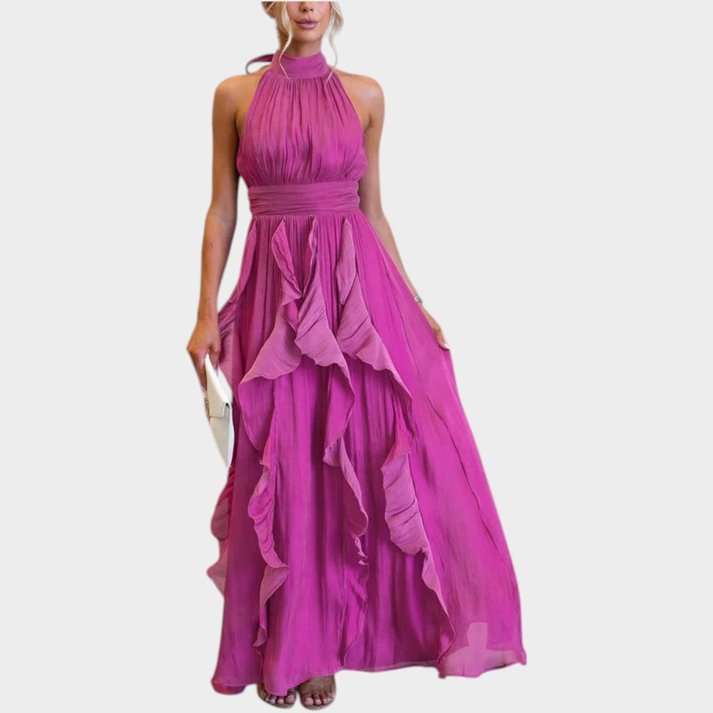 Robe longue élégante à col licou avec volants pour femme