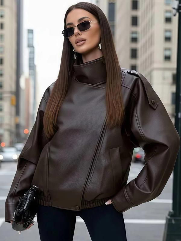 Veste en cuir asymétrique à col montant pour femmes