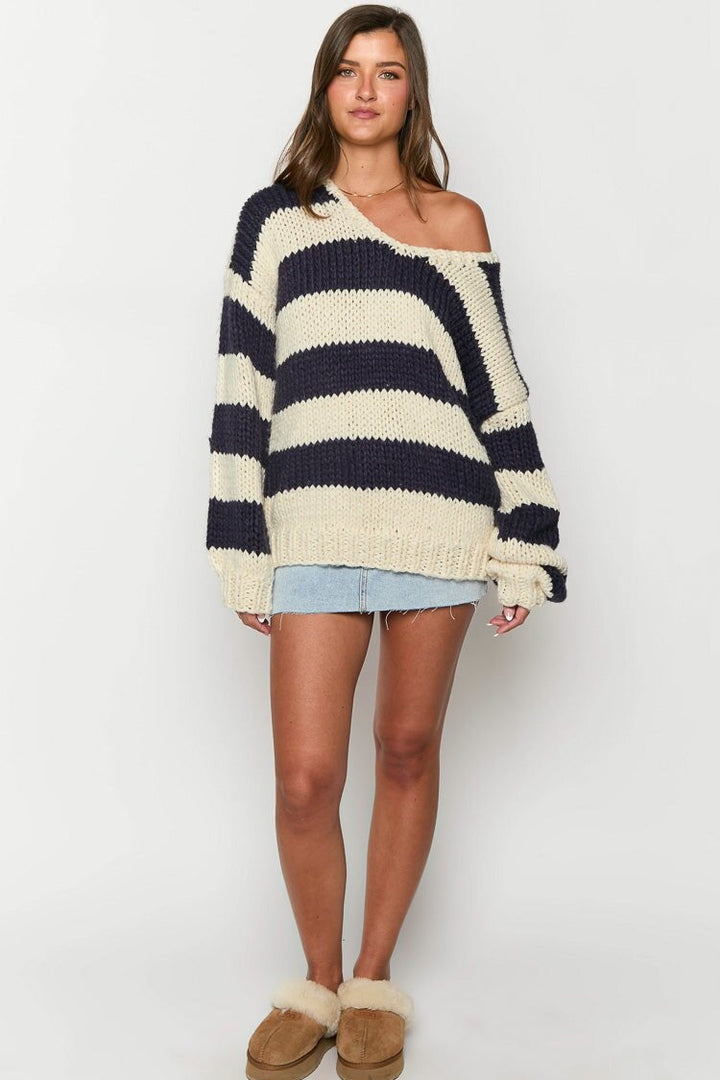 Pull en maille rayé confortable à épaules dénudées