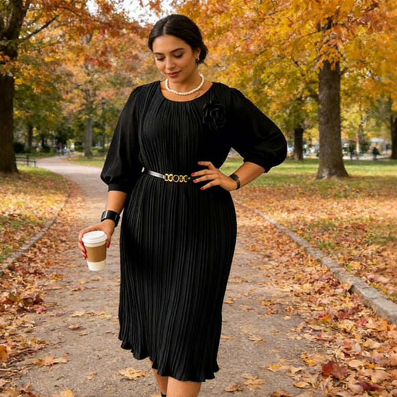 Robe midi plissée avec ceinture à la taille