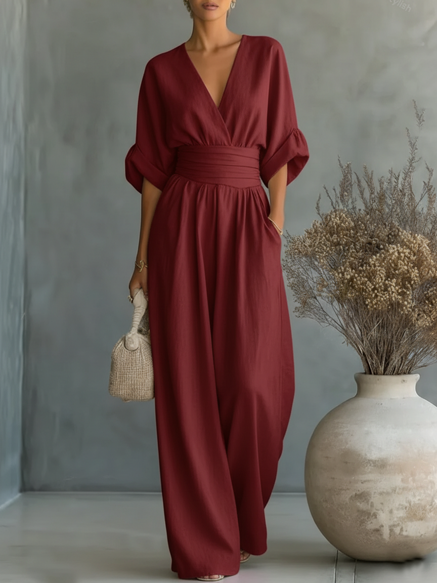 Combinaison élégante à col en V, taille haute et coupe ample