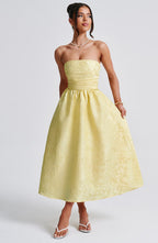 Robe midi bustier en jacquard floral citron