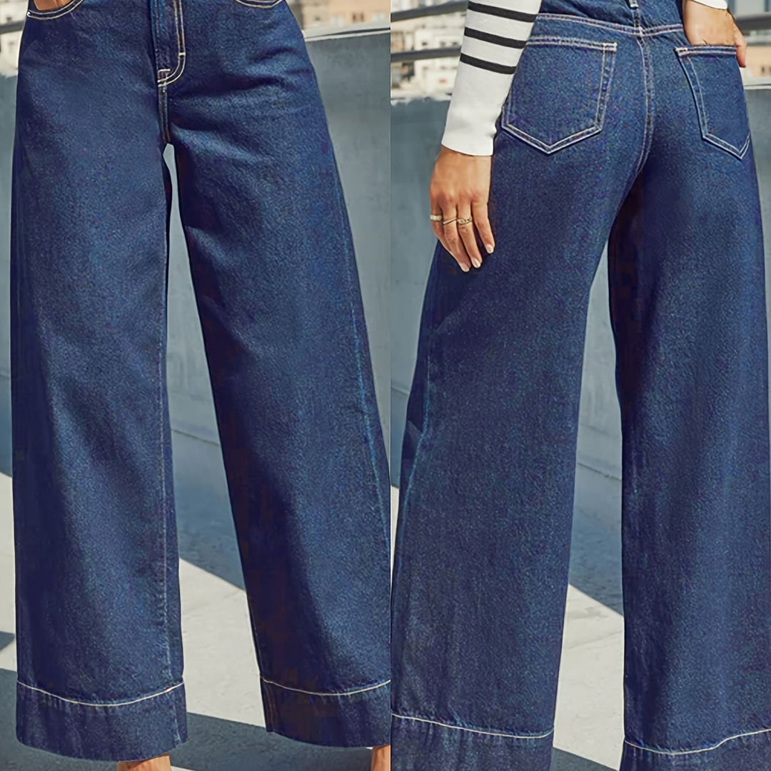 Jean en denim extensible taille haute à jambes larges avec ourlet retourné
