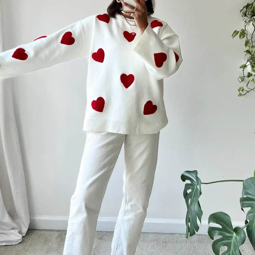 Pull à col rond avec imprimé cœur confortable pour femmes
