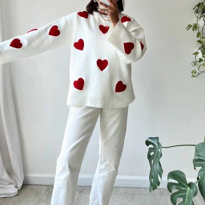 Pull à col rond avec imprimé cœur confortable pour femmes