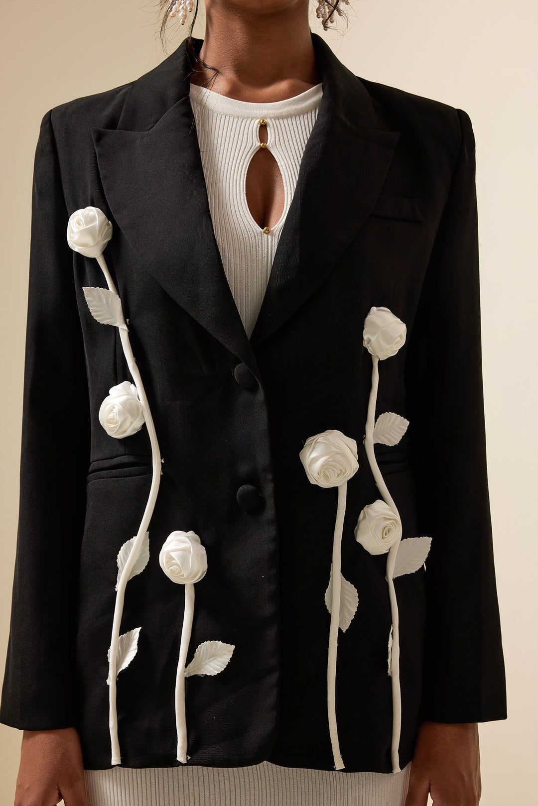 Veste Blazer à Manches Longues avec Contraste Fleuri
