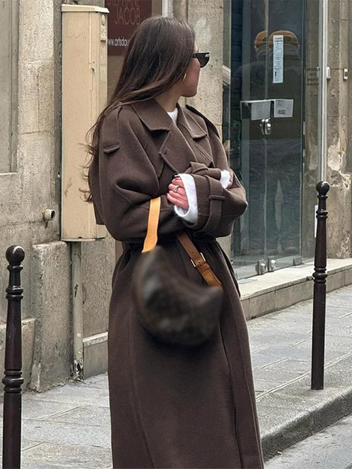 Manteau maxi ceinturé réversible avec col à revers