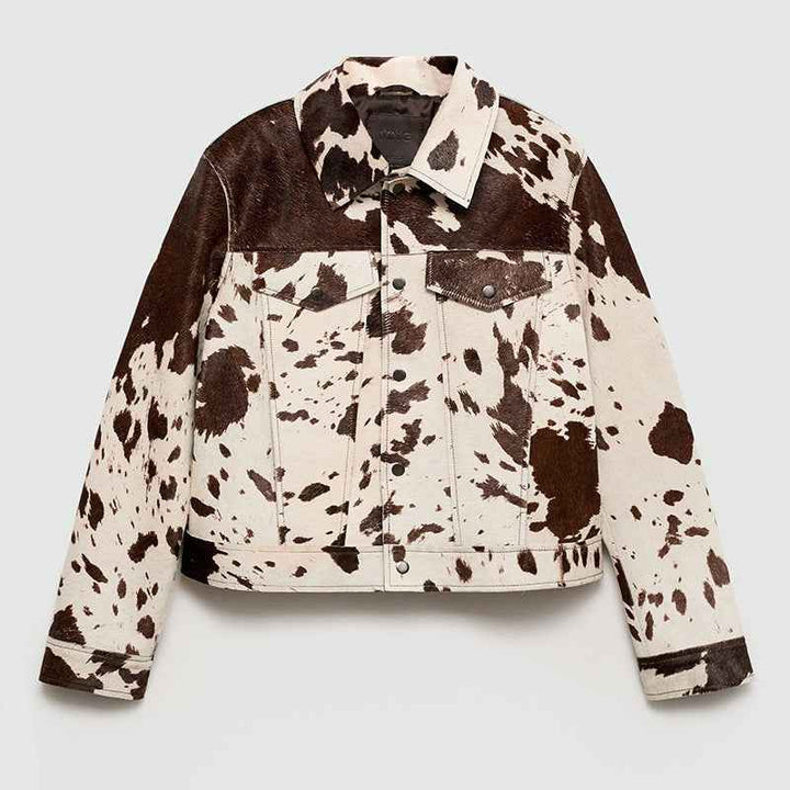 Veste à col cranté imprimé vache avec boutons pression stylés