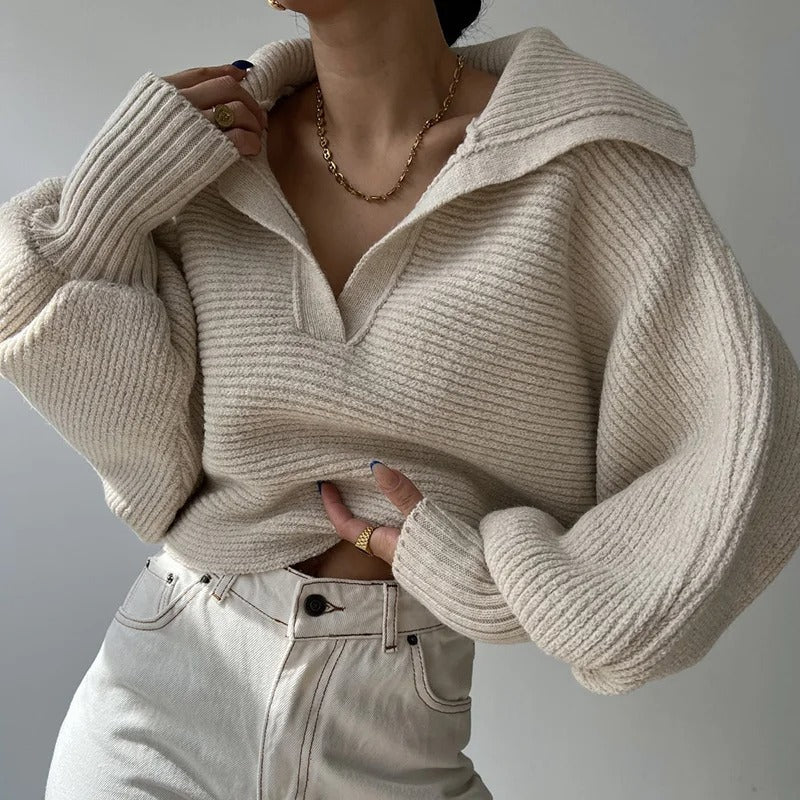 Pull en tricot col ouvert à manches lanterne confortable