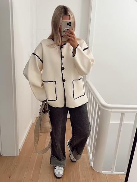 Ensemble Veste Détail Bordure & Pantalon Décontracté