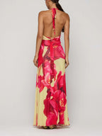 Robe longue froncée à col halter imprimé floral