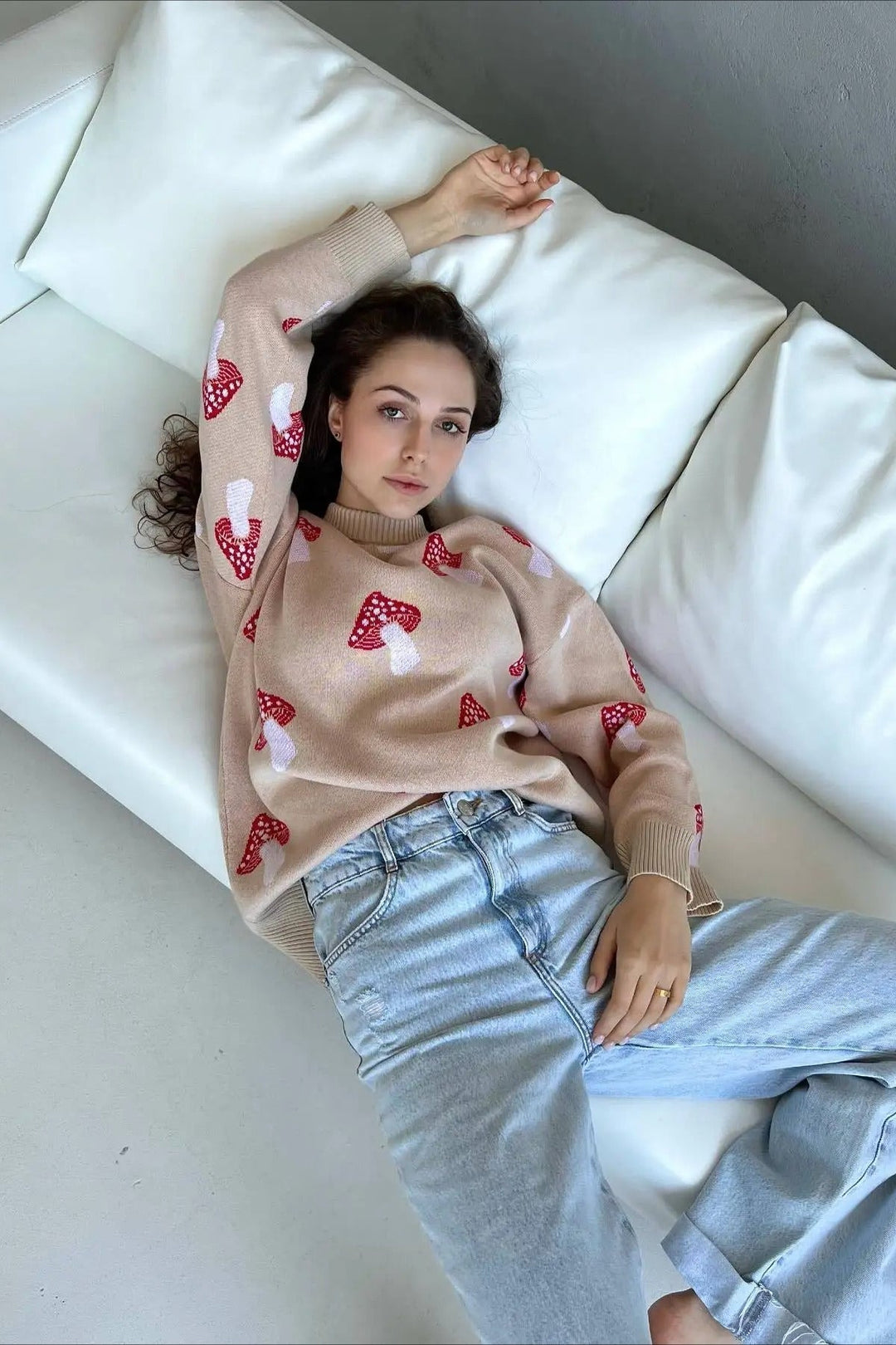 Pull en maille jacquard champignon confortable